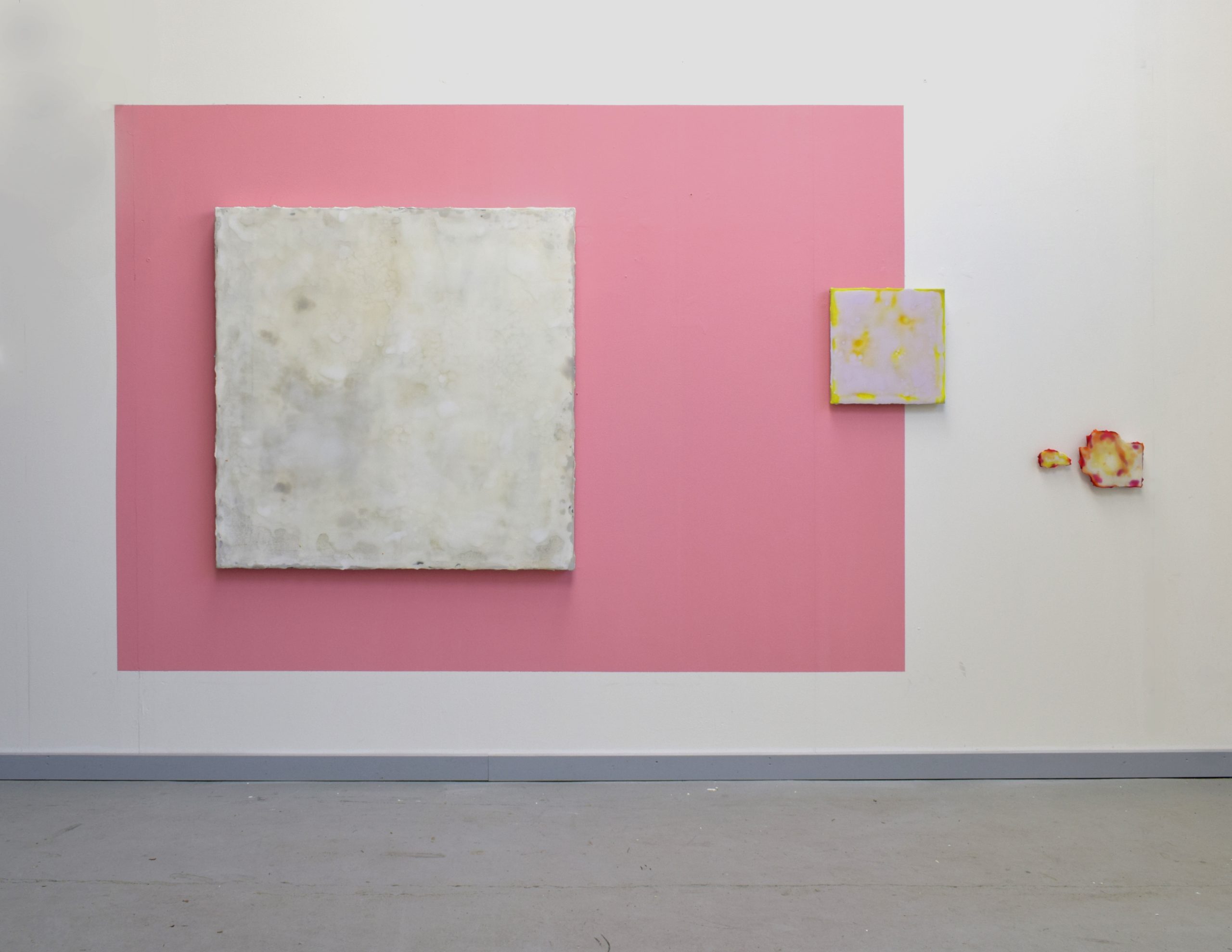 Composition with Evolution 125 III, Evolution 40 XV and A Borderline of Coral Red 2025.
